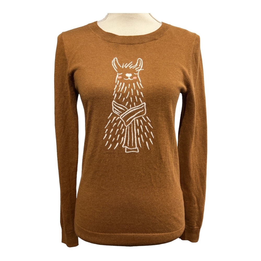 J Crew Brown Sweater Embroidered Alpaca Print Wool Blend Pullover Size XS Casual